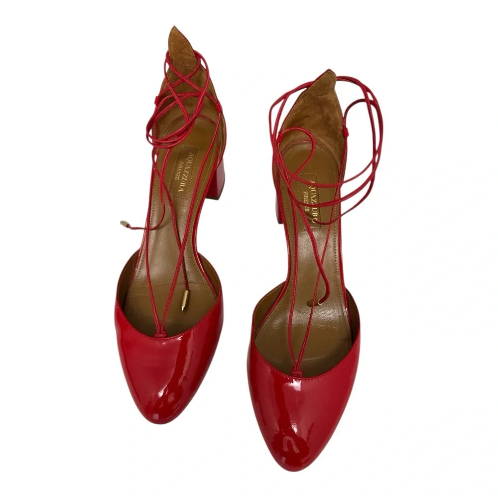 Aquazzura Alexa‎ Red Patent Leather Ankle Tie Pumps 37.5 Women’s Heels
